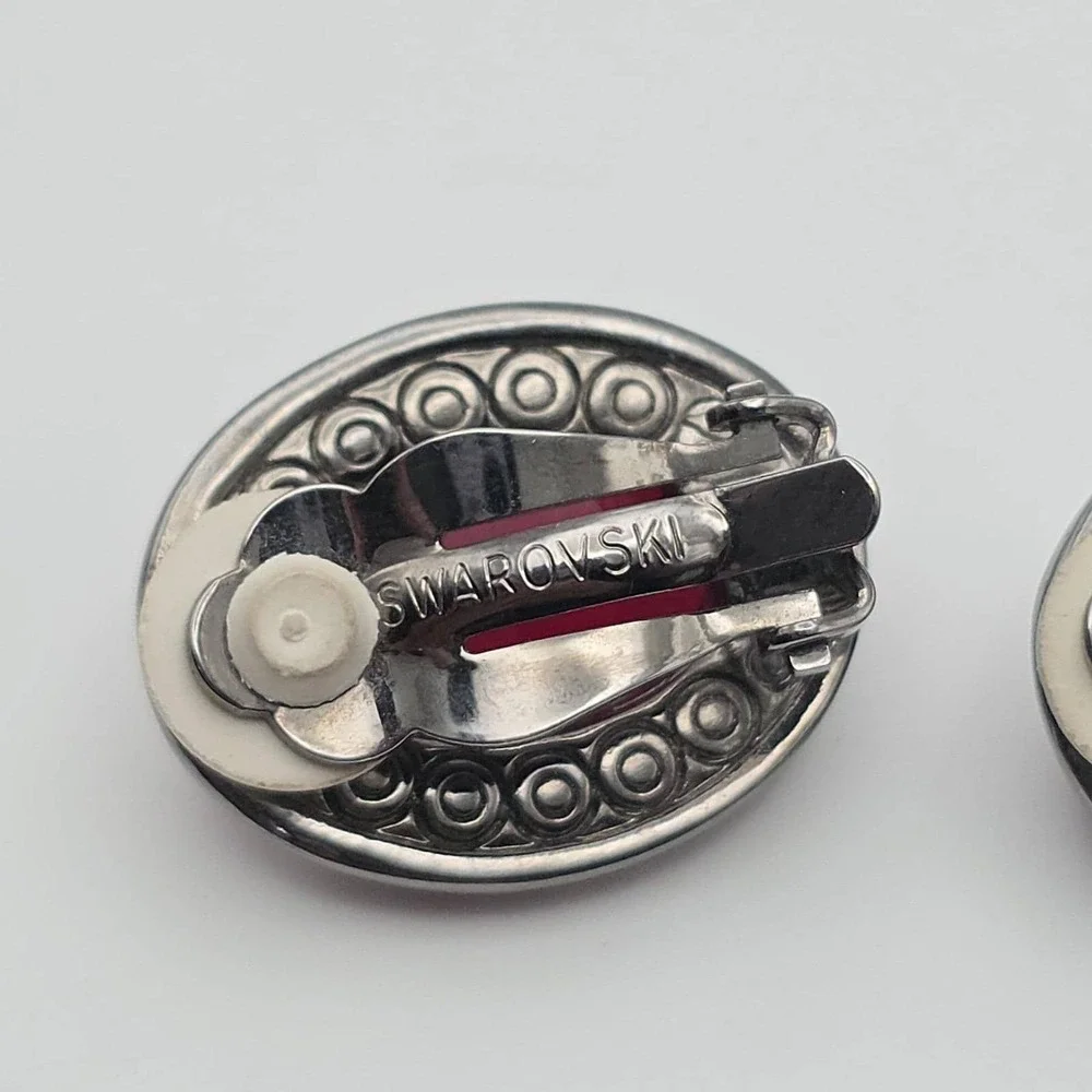 VTG SWAROVSKI Earrings Austrian Crystal Wine Red Gunmetal‎ Grey Clip-Ons Signed